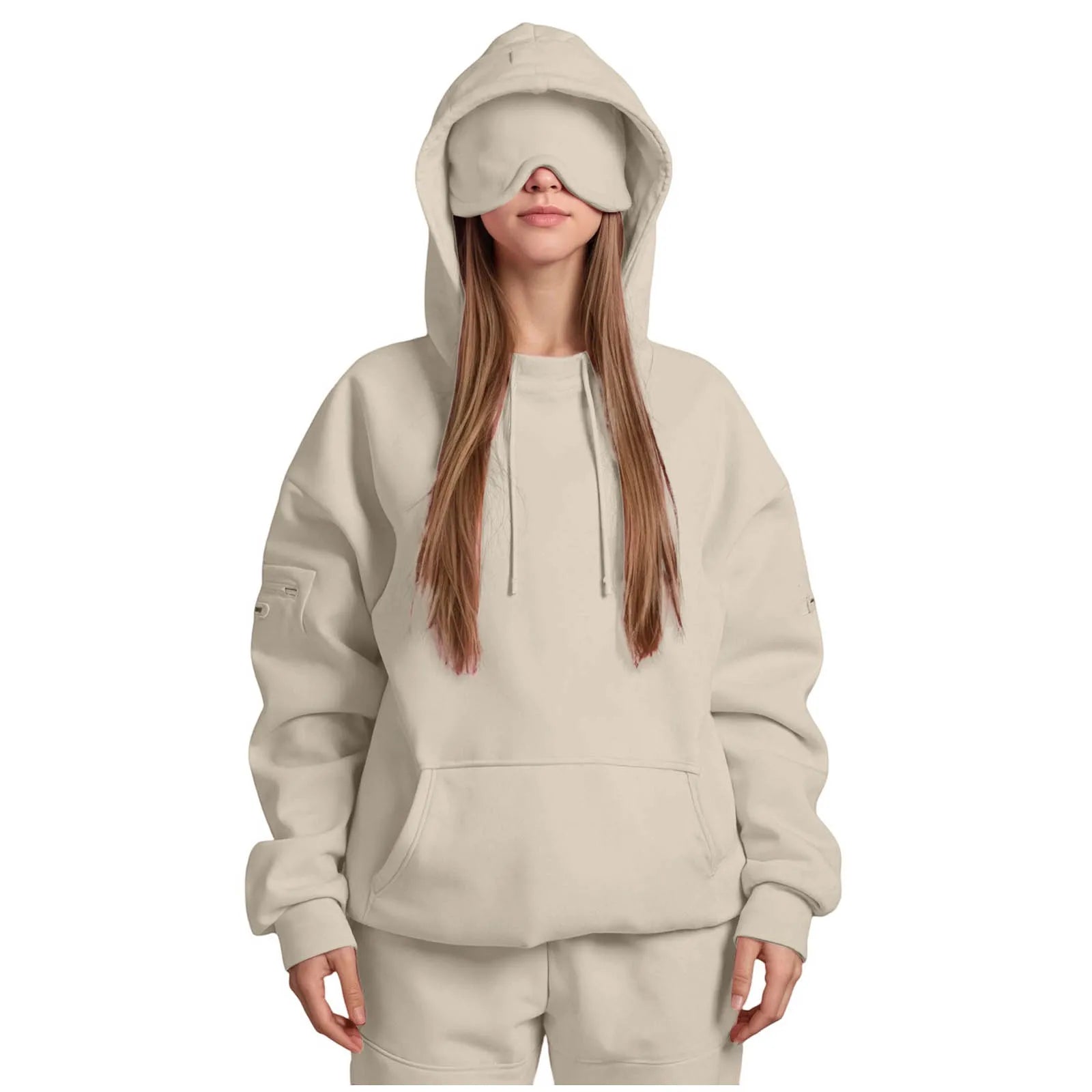 Women Plus Size Eye Mask Hooded Sweatshirt Girls Solid Long Sleeve Casual Hoodie Sportwear Outdoor Riding Oversize Pullover Tops