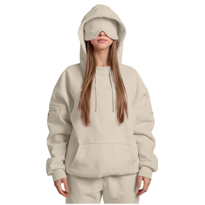 Women Plus Size Eye Mask Hooded Sweatshirt Girls Solid Long Sleeve Casual Hoodie Sportwear Outdoor Riding Oversize Pullover Tops